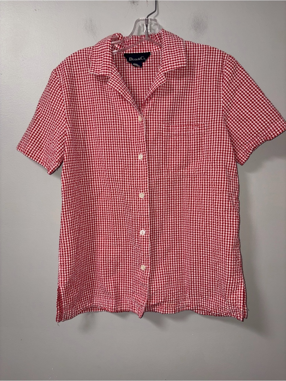 D&Co Red & White Gingham Textured Collared Button Down Front Pocket Vintage S